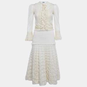 Pre Owned Alexander McQueen Cream Jacquard Knit Ruffled 3 pc Skirt Set S