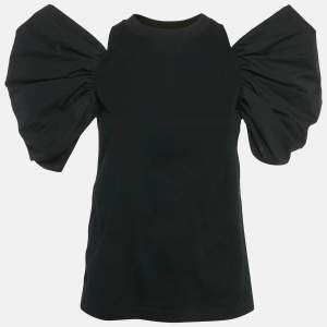Pre Owned Alexander McQueen Black Cotton Cold Shoulder Gathered Sleeve Top S