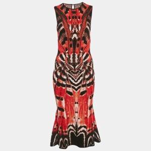Pre Owned Alexander McQueen Red Abstract Jacquard Knit Sleeveless Flounce Dress S