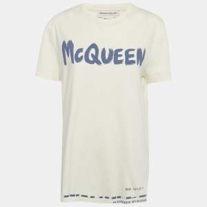 Pre Owned Alexander McQueen Cream Logo Print Jersey T-Shirt L