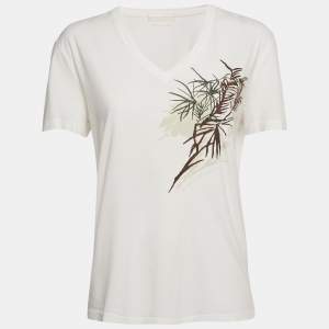 Pre Owned Alexander McQueen White Embroidered Jersey V-Neck T-Shirt S
