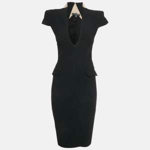 Pre Owned Alexander McQueen Black /Beige Crepe Zip -Up Midi Dress S