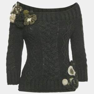Pre Owned Alexander McQueen Green Floral Applique Cable Knit Sweater S