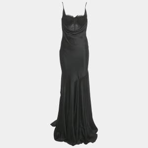 Pre Owned Alexander McQueen Black Silk & Mesh Bias Cut Corset Maxi Dress S