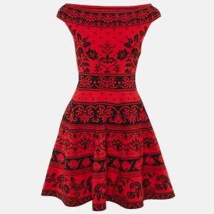 Pre Owned Alexander McQueen Red Floral Jacquard Knit Mini Dress S