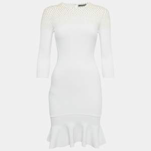Pre Owned Alexander McQueen White Pearl Embellished Knit Mini Dress S