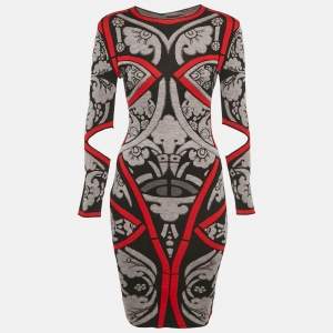 Pre Owned فستان أليكساندر ماكوين تريكو صوفي جاكار أسود/ملون ضيق الجسم صغير جداً (إكسترا سمول)