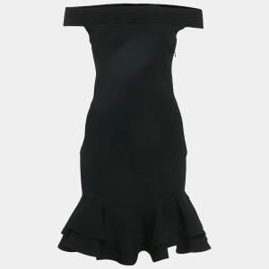 مملوكة مسبقًا Alexander McQueen Black Rib Knit Off Shoulder Ruffled Mini Dress M