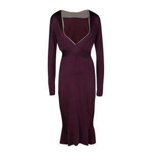 Pre Owned Alexander McQueen Burgundy Rib Knit Dotted Trim Long Sleeve Dress L