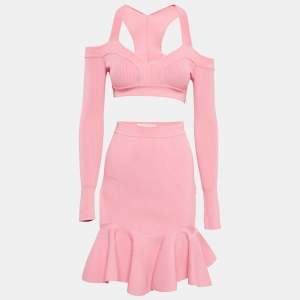 مملوكة مسبقًا Alexander McQueen Pink Rib Knit Cut-Out Top and Skirt Set XXS