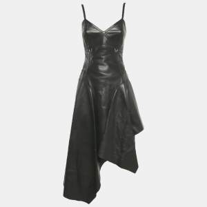 Pre Owned Alexander McQueen Black Leather Asymmetric Midi Dress S