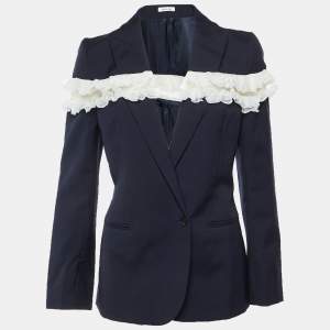مملوكة مسب قًا McQueen Navy Blue Wool Ruffle Inset Single Breasted Blazer M