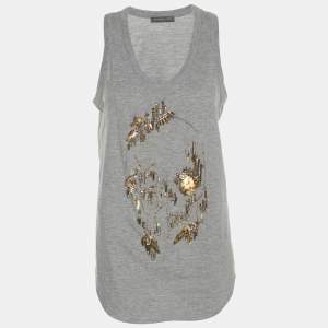 Pre Owned Alexander McQueen Grey Jersey Embellished Skull Motif Tank Top M