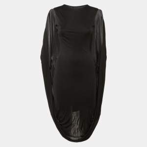 Pre Owned Alexander McQueen Black Jersey Cape Detail Midi Dress S