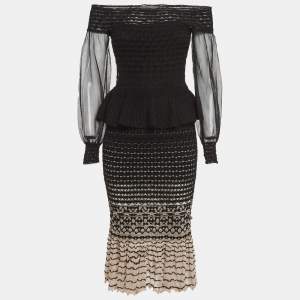 مملوكة مسبقًا Alexander McQueen Black/Pink Stretch Tulle Off Shoulder Midi Dress S