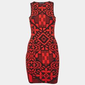 Pre Owned Alexander McQueen Red/Black Jacquard Knit Sheath Dress XS