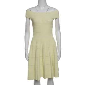 Pre Owned Alexander McQueen Yellow Stretch Perforated Knit Fit and Flare Dress M