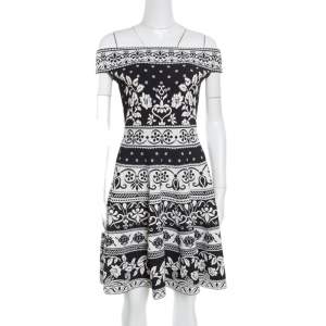 Pre Owned Alexander McQueen Monochrome Floral Jacquard Knit Off Shoulder Dress M