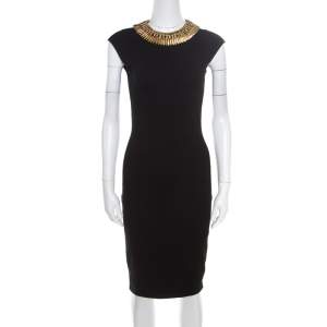 Alexander McQueen Black Stretch Wool Embellished Neck Sleeveless Bodycon Dress XS