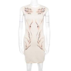 Pre Owned Alexander McQueen Beige Wool Floral Jacquard Lurex Knit Pencil Dress S