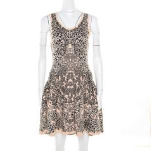 Pre Owned Alexander McQueen Bicolor Jacquard Knit Sleeveless Fit and Flare Dress M