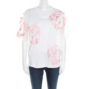 Alexander McQueen White Cotton Floral Embroidered Silk Sleeve Detail Oversized T-Shirt S