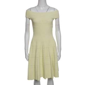 Pre Owned Alexander McQueen Pastel Yellow Perforated Knit Fit and Flare Dress S