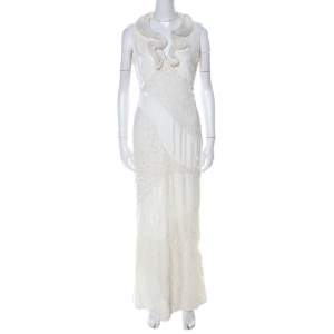 Pre Owned Alexander McQueen Ivory White Velvet & Lace Ruffle Collar Dress M
