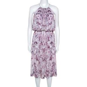 Pre Owned Alexander McQueen Lavender Marble Printed Ruched Halter Neck Dress S