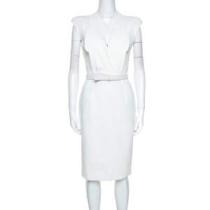 Pre Owned Alexander McQueen White Cotton Pleated Neck Detail Belted Dress S