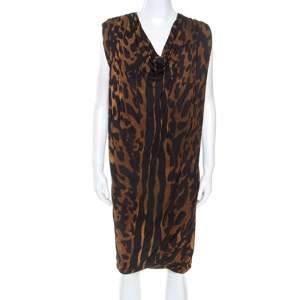 Pre Owned Alexander McQueen Brown Ocelot Print Chiffon Midi Dress S