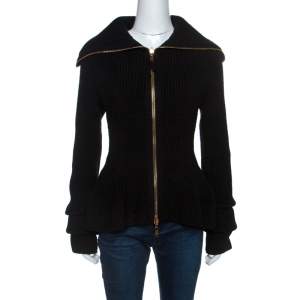 Alexander McQueen Black Wool Sculpt Rib Knit Peplum Cardigan S