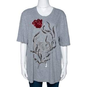Pre Owned Alexander McQueen Grey Cotton Floral Sequin Embellished T Shirt M