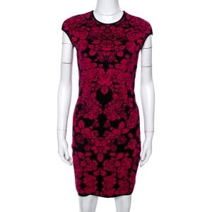 Pre Owned Alexander McQueen Pink & Black Floral Jacquard Bodycon Dress M