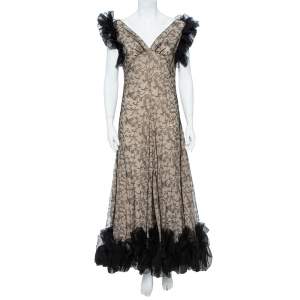 Pre Owned Alexander McQueen Black & Cream Ruffled Lace Gown M