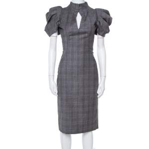 Pre Owned Alexander McQueen Grey Checked Wool Pleated Sleeve Dress S