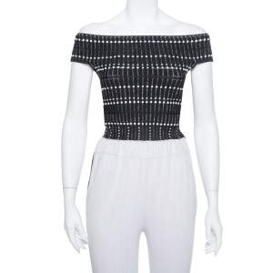 Pre Owned Alexander McQueen Monochrome Knit Boucle Detail Off Shoulder Crop Top M