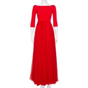 Pre Owned Alexander McQueen Red Silk & Knit Flared Off Shoulder Maxi Dress M