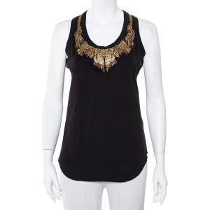 Pre Owned Alexander McQueen Black Gold Glory Embellished Knit Sleeveless Top M