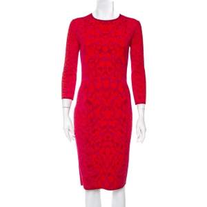 Pre Owned Alexander McQueen Pink and Red Leopard Printed Knit Sheath Dress M