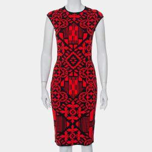 Alexander McQueen Red & Black Jacquard Knit Sheath Dress M