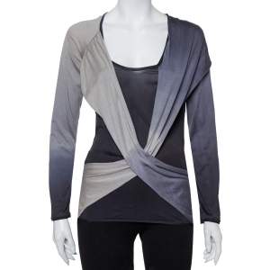 Pre Owned Alexander McQueen Grey Cotton & Silk Knit Draped Detail T-Shirt L