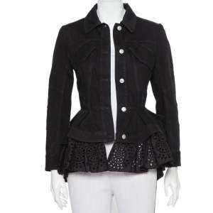 Pre Owned Alexander McQueen Black Denim & Embroidered Lace Peplum Jacket S