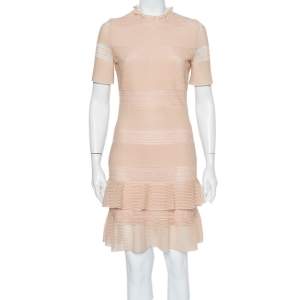 Pre Owned Alexander McQueen Light Pink Perforated Mesh Ruffled Mini Dress M