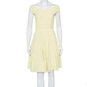 Pre Owned Alexander McQueen Yellow Knit Flared Off Shoulder Dress L