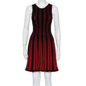 Pre Owned Alexander McQueen Red Patterned Knit Flared Sleeveless Dress S