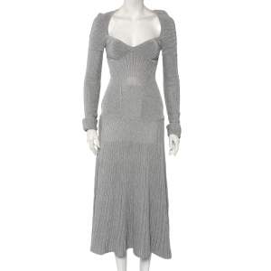 Pre Owned Alexander McQueen Silver Lurex Knit Plunging Neckline Gown S