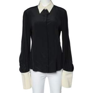 Pre Owned Alexander McQueen Black Silk Contrast Collar Long Sleeve Shirt M