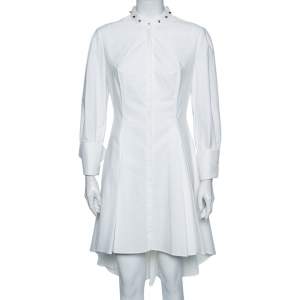 Pre Owned Alexander McQueen White Textured Cotton Asymmetric Hem Tuxedo Dress M