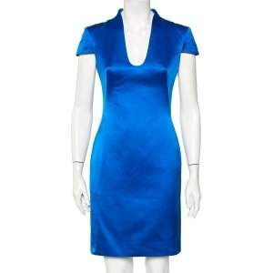 Pre Owned Alexander McQueen Blue Silk Satin Pencil Dress S